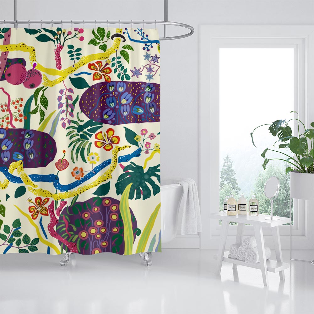 Feblilac Forest Flower Garden with White ground Shower Curtain with Hooks, Floral Bathroom Curtains with Ring, Unique Bathroom décor, Boho Shower Curtain, Customized Bathroom Curtains, Extra Long Shower Curtain