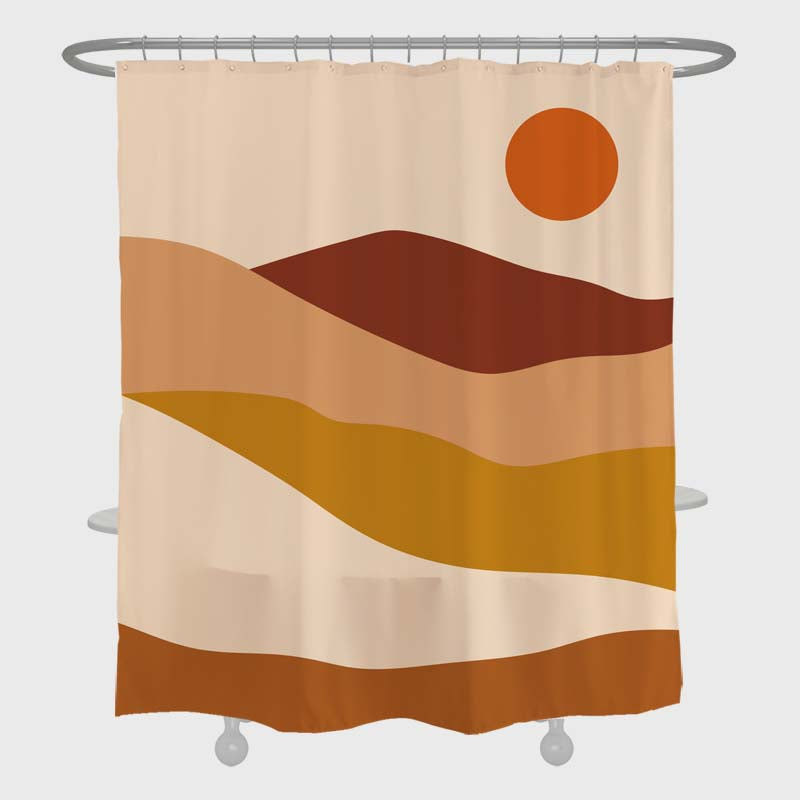 Feblilac Abstract Sun Rise and Mountains Shower Curtain with Hooks, Bathroom Curtains with Ring, Unique Bathroom décor, Boho Shower Curtain, Customized Bathroom Curtains, Extra Long Shower Curtain