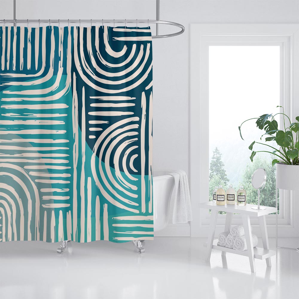 Feblilac Grey Blue Navy and Curve Line Geometric Pattern Shower Curtain with Hooks, Bathroom Curtains with Ring, Unique Bathroom décor, Boho Shower Curtain, Customized Bathroom Curtains, Extra Long Shower Curtain