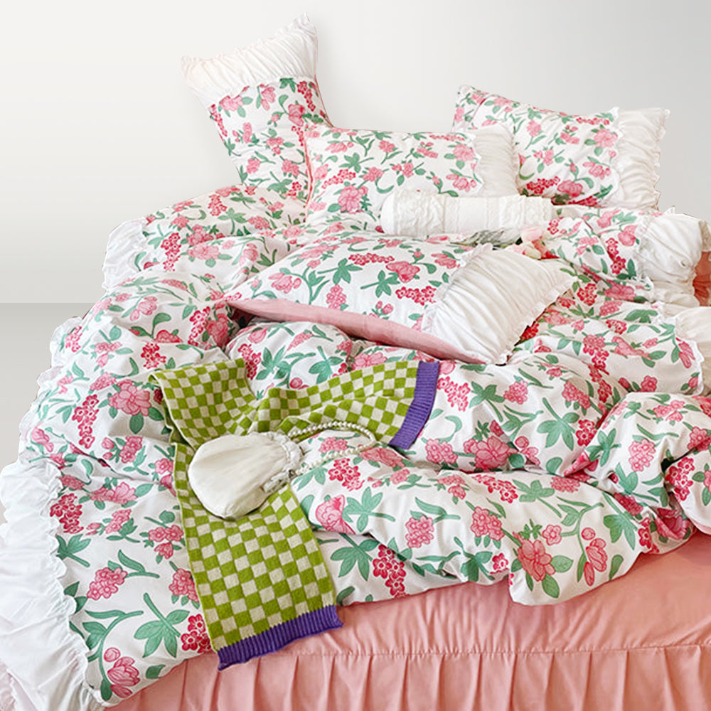 Pink Floral Seersucker Bedding Set