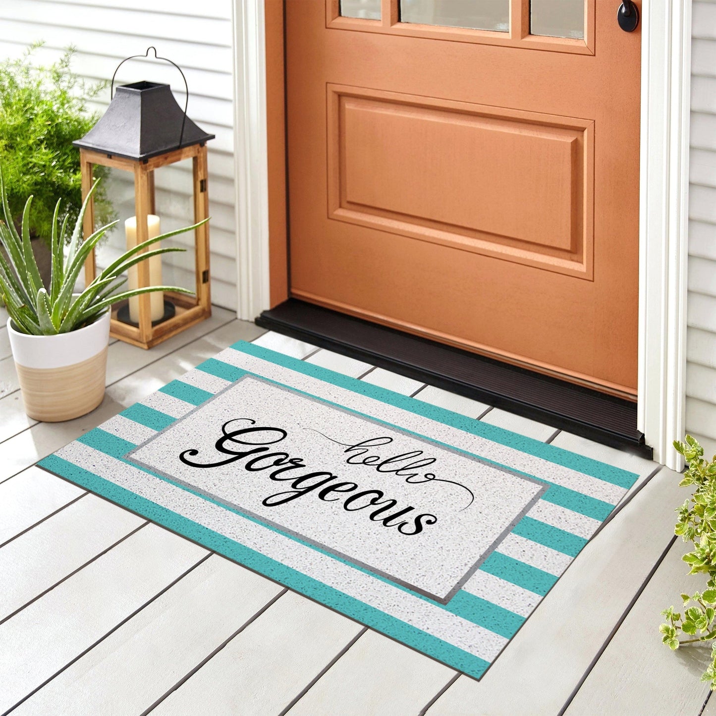 Feblilac Hello Gorgeous Blue Stripe Door Mat, Quotation Welcome Doormat, Anti Skid PVC Coil Outdoor Mats, Front Mat for Home, Washable Entryway Doormat