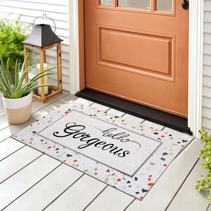 Feblilac Hello Gorgeous Terrazzo Pattern Door Mat, Quotation Welcome Doormat, Anti Skid PVC Coil Outdoor Mats, Front Mat for Home, Washable Entryway Doormat
