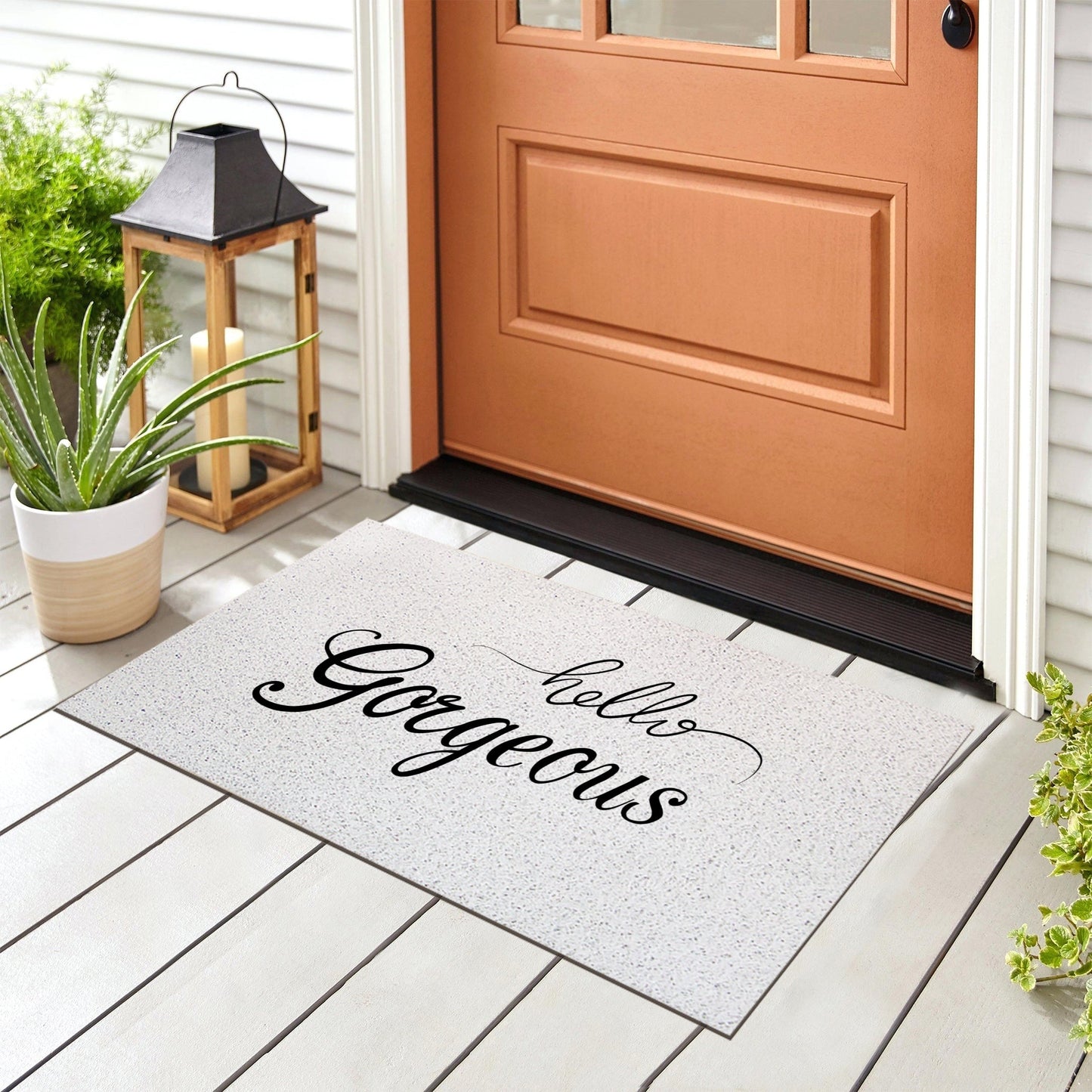 Feblilac Hello Gorgeous White Ground Door mat, Quotation Welcome Doormat, Anti Skid PVC Coil Outdoor Mats, Front Mat for Home, Washable Entryway Doormat