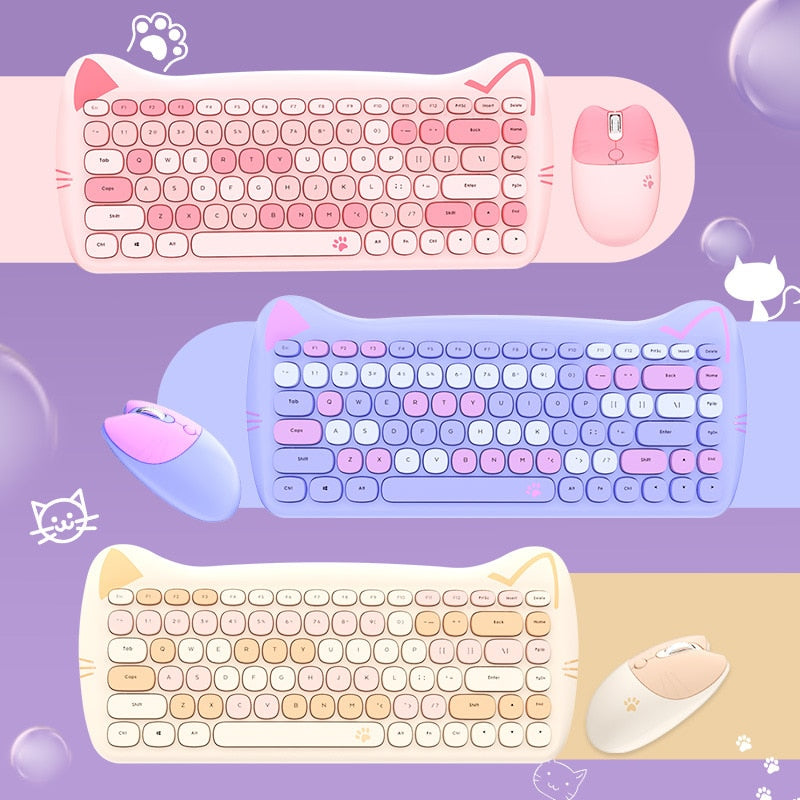 Cute Cat Wireless Keyboard Set