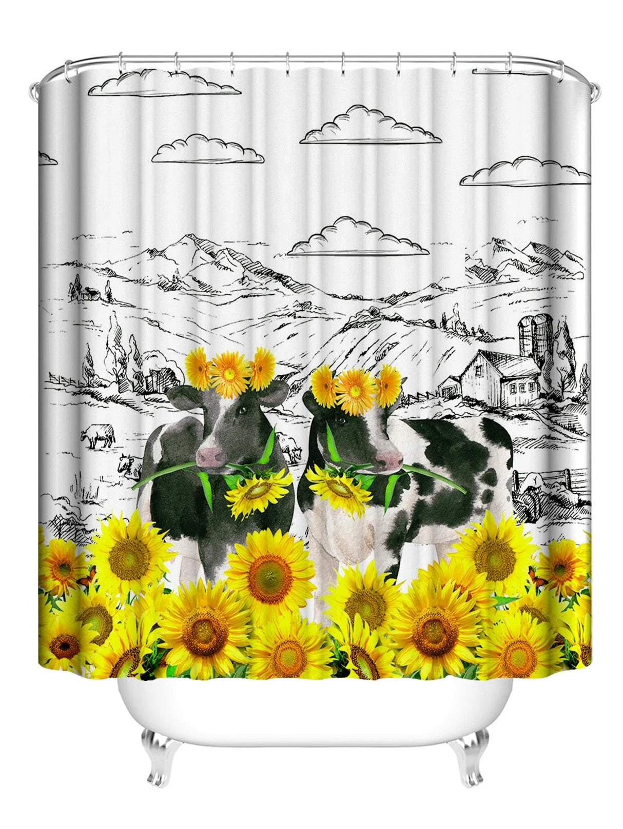 Feblilac Sun Flower and Cows Shower Curtain with Hooks, Animal Bathroom Curtains with Ring, Unique Bathroom décor, Boho Shower Curtain, Customized Bathroom Curtains, Extra Long Shower Curtain