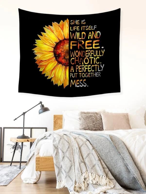 Sunflower & Slogan Graphic Tapestry