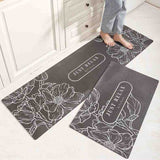 Feblilac White Flower Line Dark Grey Ground PVC Leather Kitchen Mat