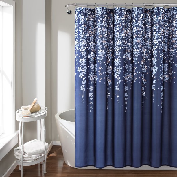 Feblilac Blue Flowers and Vines White Ground Shower Curtain with Hooks, Bloom Floral Bathroom Curtains with Ring, Unique Bathroom décor, Boho Shower Curtain, Customized Bathroom Curtains, Extra Long Shower Curtain