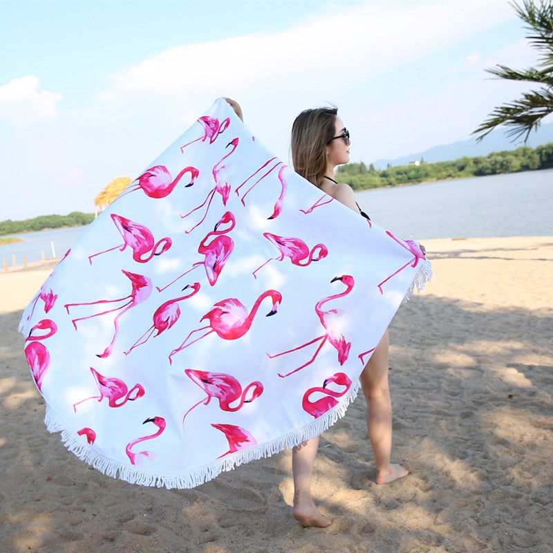 Flamingo 450G Round Beach Towel With Tassels Microfiber 150cm Picnic Blanket Mat Tapestry