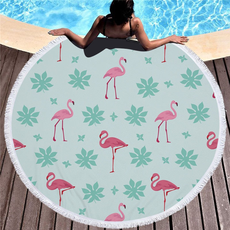 Flamingo 450G Round Beach Towel With Tassels Microfiber 150cm Picnic Blanket Mat Tapestry