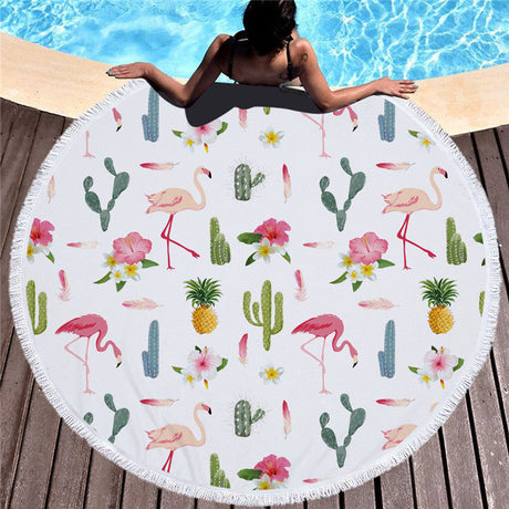 Flamingo 450G Round Beach Towel With Tassels Microfiber 150cm Picnic Blanket Mat Tapestry