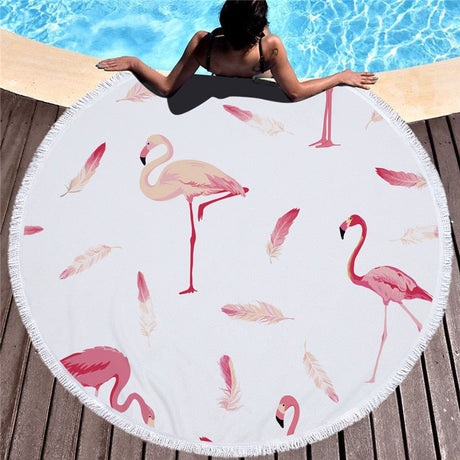 Flamingo 450G Round Beach Towel With Tassels Microfiber 150cm Picnic Blanket Mat Tapestry