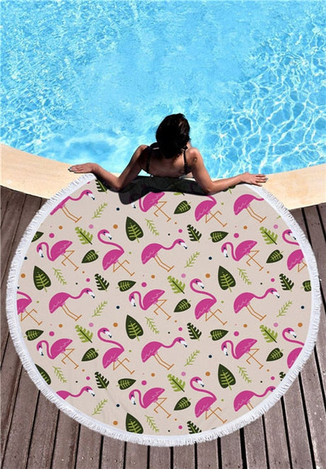 Flamingo 450G Round Beach Towel With Tassels Microfiber 150cm Picnic Blanket Mat Tapestry