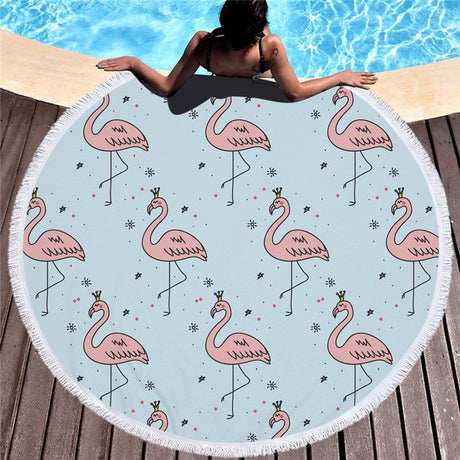 Flamingo 450G Round Beach Towel With Tassels Microfiber 150cm Picnic Blanket Mat Tapestry