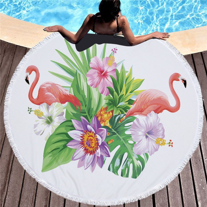 Flamingo 450G Round Beach Towel With Tassels Microfiber 150cm Picnic Blanket Mat Tapestry