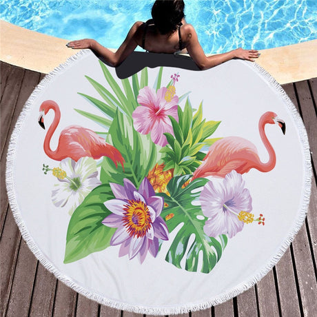 Flamingo 450G Round Beach Towel With Tassels Microfiber 150cm Picnic Blanket Mat Tapestry