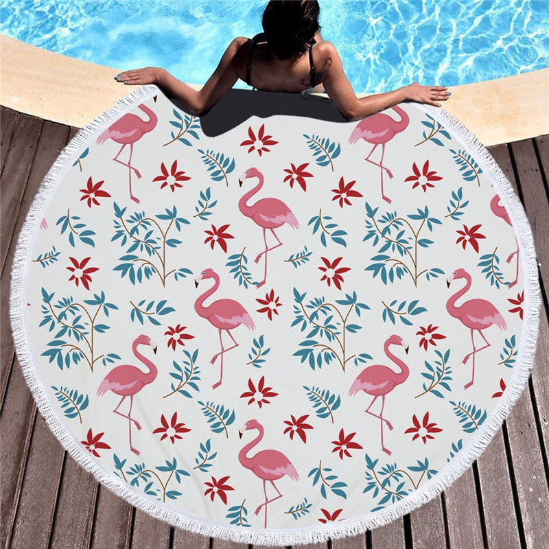 Flamingo 450G Round Beach Towel With Tassels Microfiber 150cm Picnic Blanket Mat Tapestry