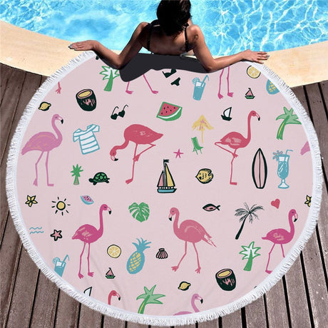 Flamingo 450G Round Beach Towel With Tassels Microfiber 150cm Picnic Blanket Mat Tapestry