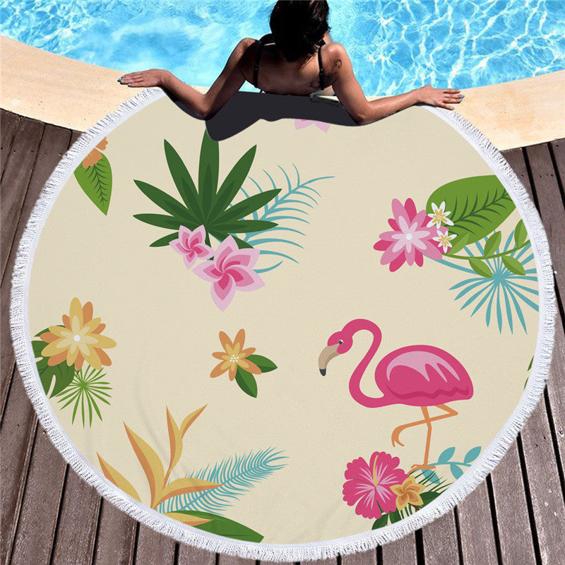 Flamingo 450G Round Beach Towel With Tassels Microfiber 150cm Picnic Blanket Mat Tapestry