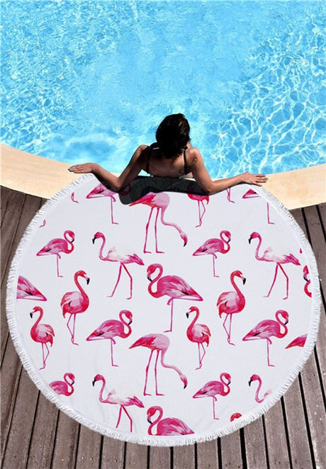 Flamingo 450G Round Beach Towel With Tassels Microfiber 150cm Picnic Blanket Mat Tapestry