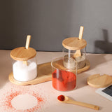 Glass Canister Pots with Lids, Spoons, Base