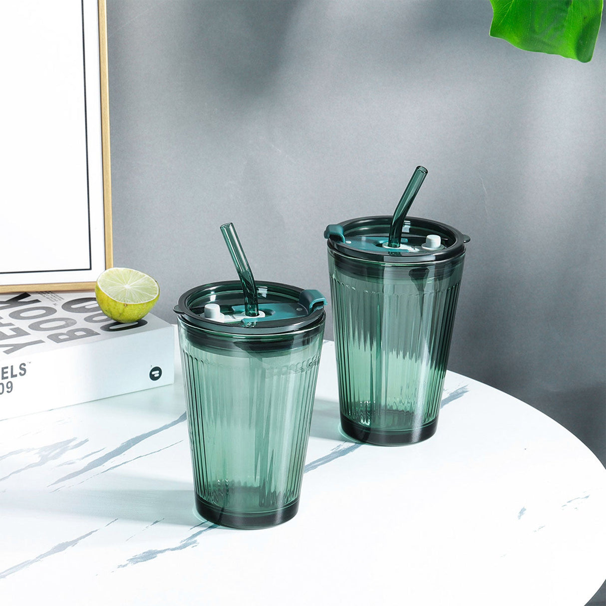 Green Glass Tumbler with Straw and Lid