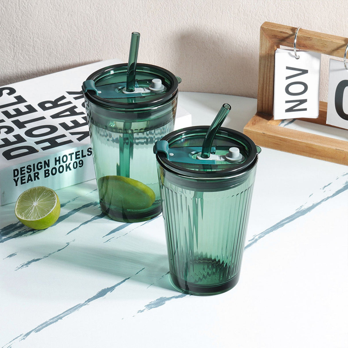 Green Glass Tumbler with Straw and Lid