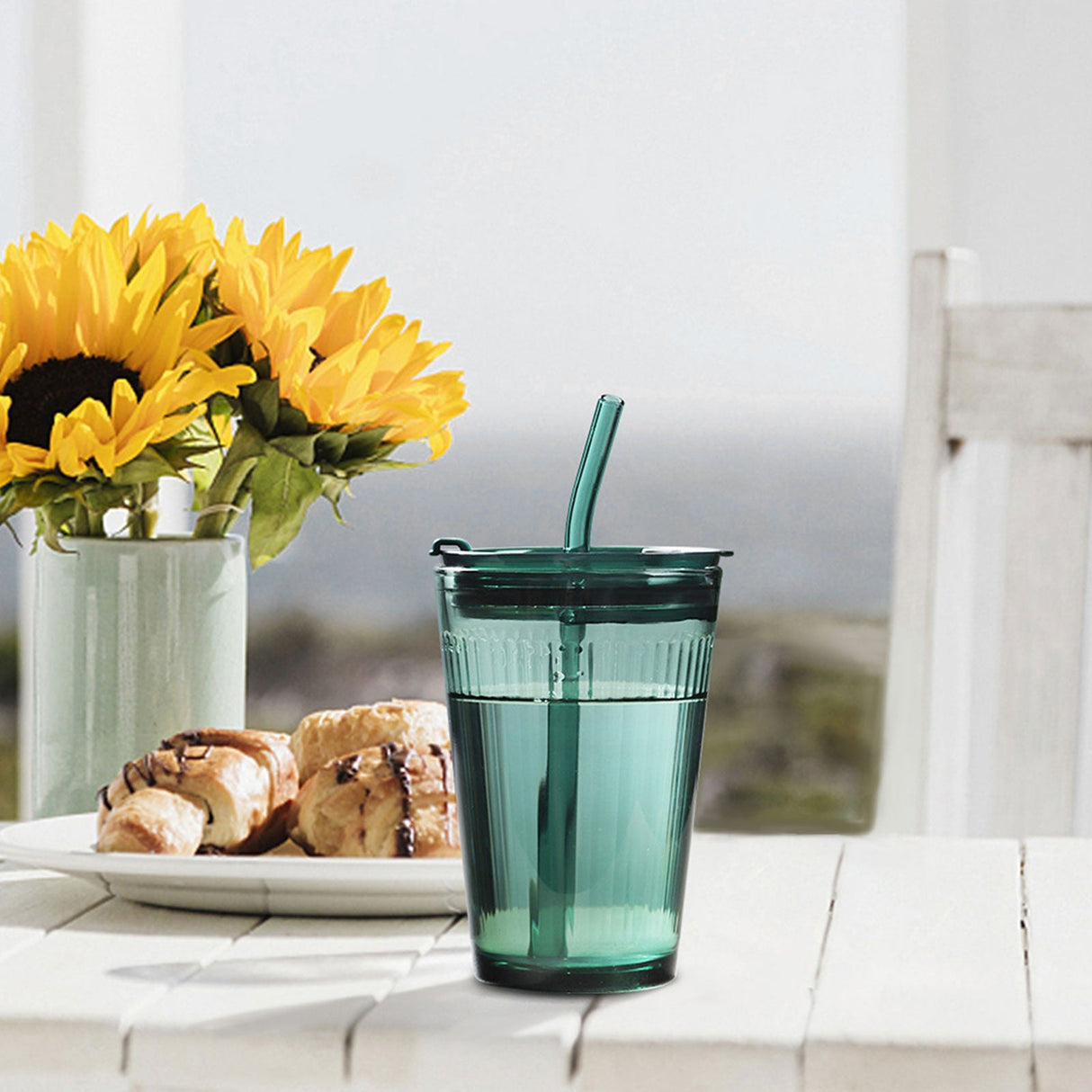 Green Glass Tumbler with Straw and Lid