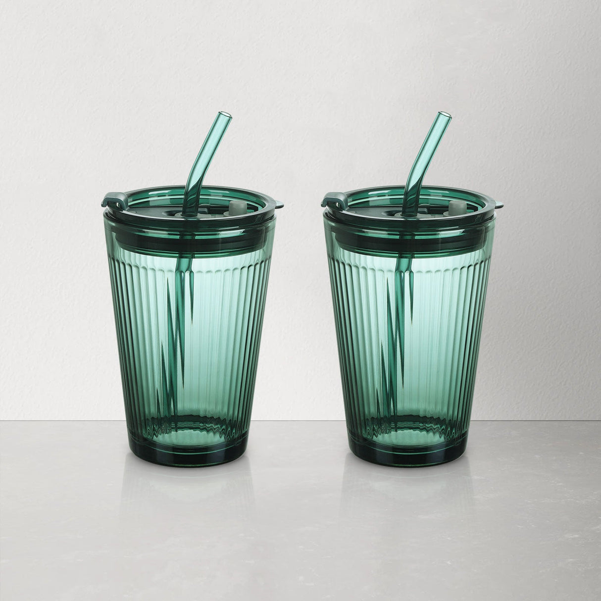 Green Glass Tumbler with Straw and Lid