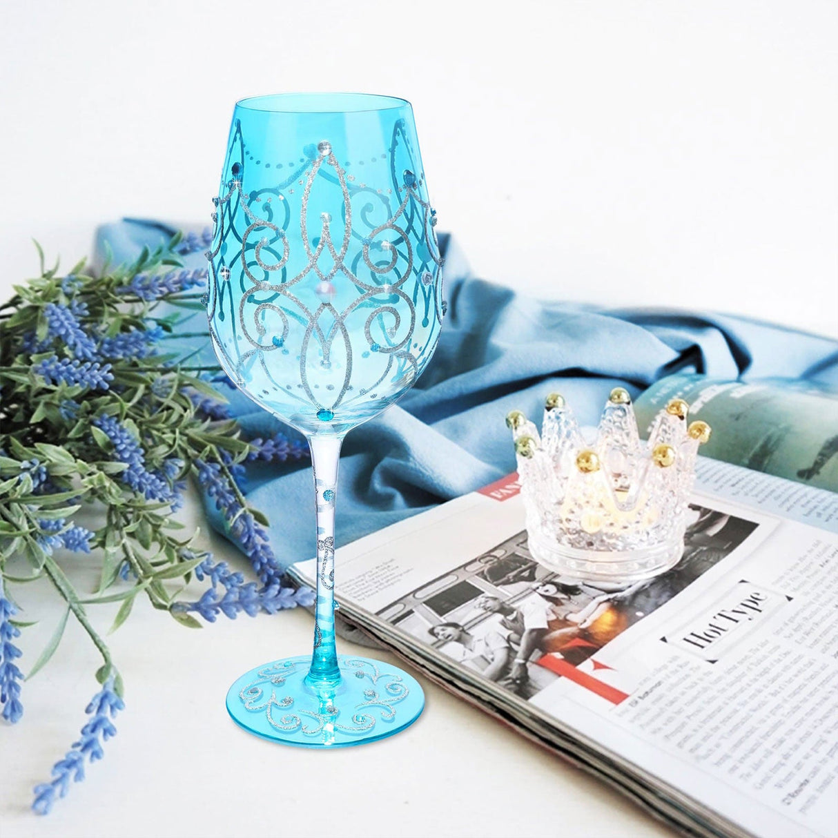 Hand-painted Blue Crown Wine Glass