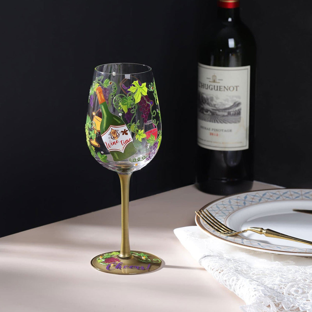 Hand-painted Grape Vine Wine Glass