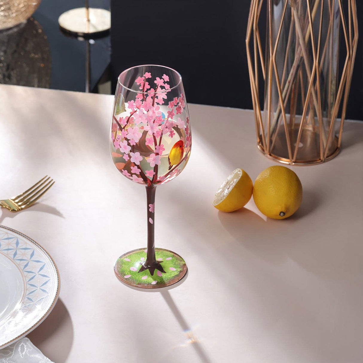 Hand-painted Cherry Blossom Wine Glass