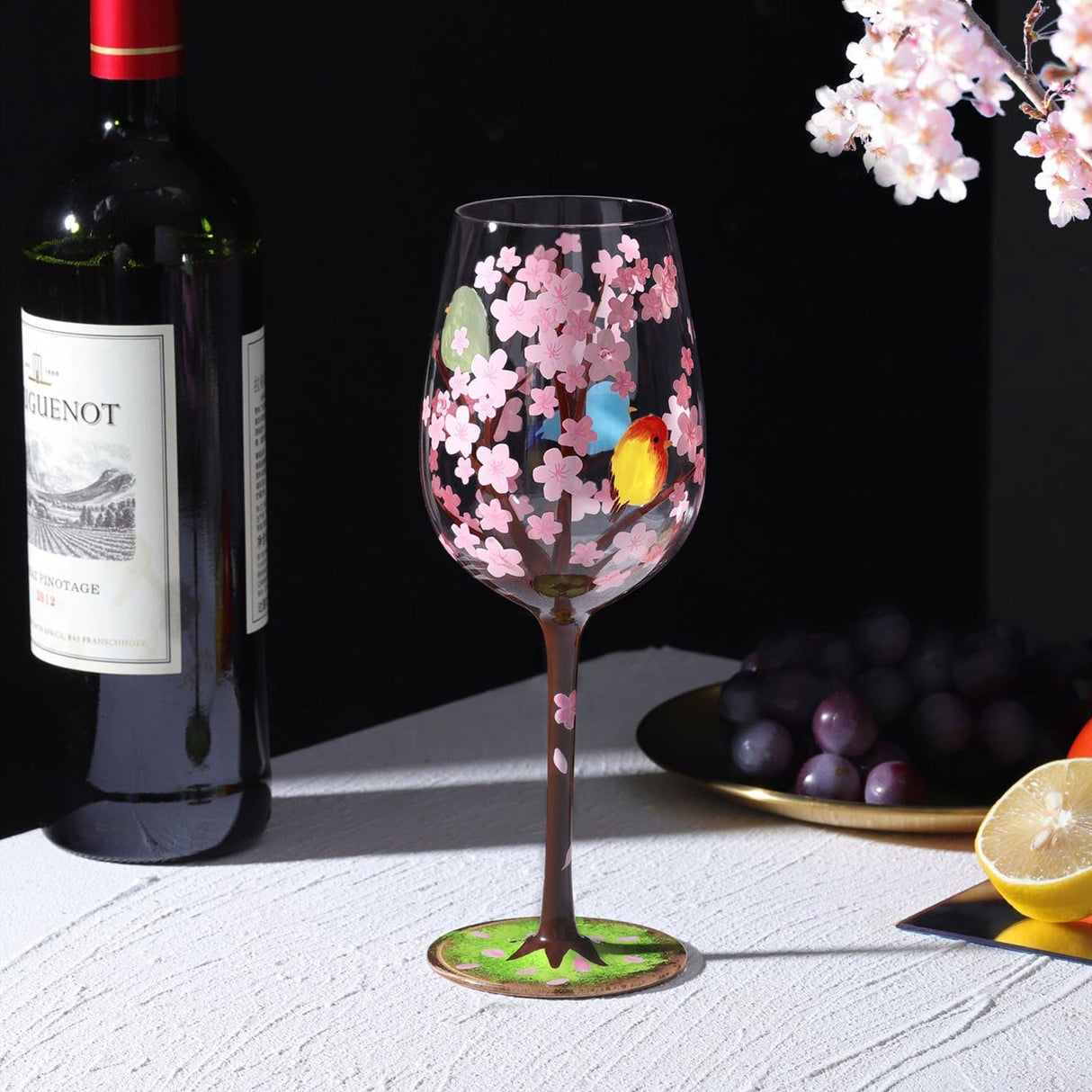 Hand-painted Cherry Blossom Wine Glass