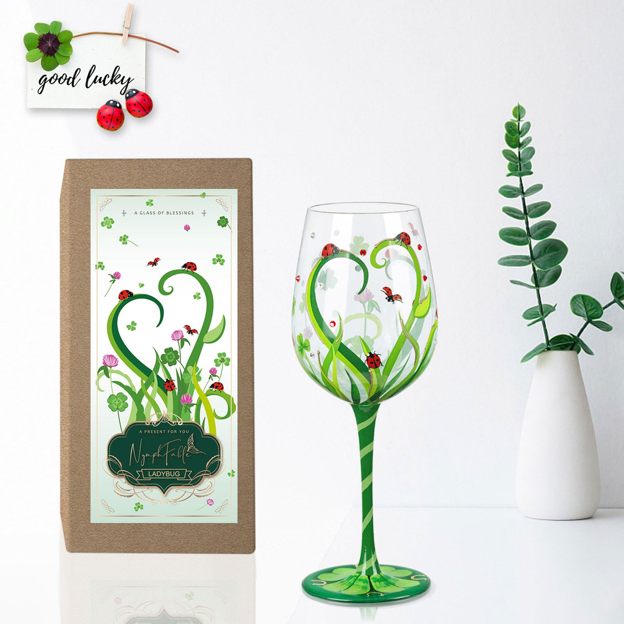 Hand-painted Vine Ladybug Wine Glass