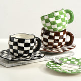 Nordic ins style hand-kneaded checkerboard ceramic coffee cup saucer black and white grid hand-painted afternoon tea cup