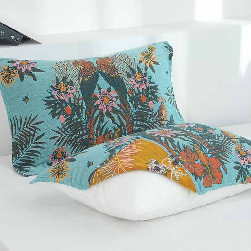 Bird Flower Gauze Green Pillow Towel (2PCS)