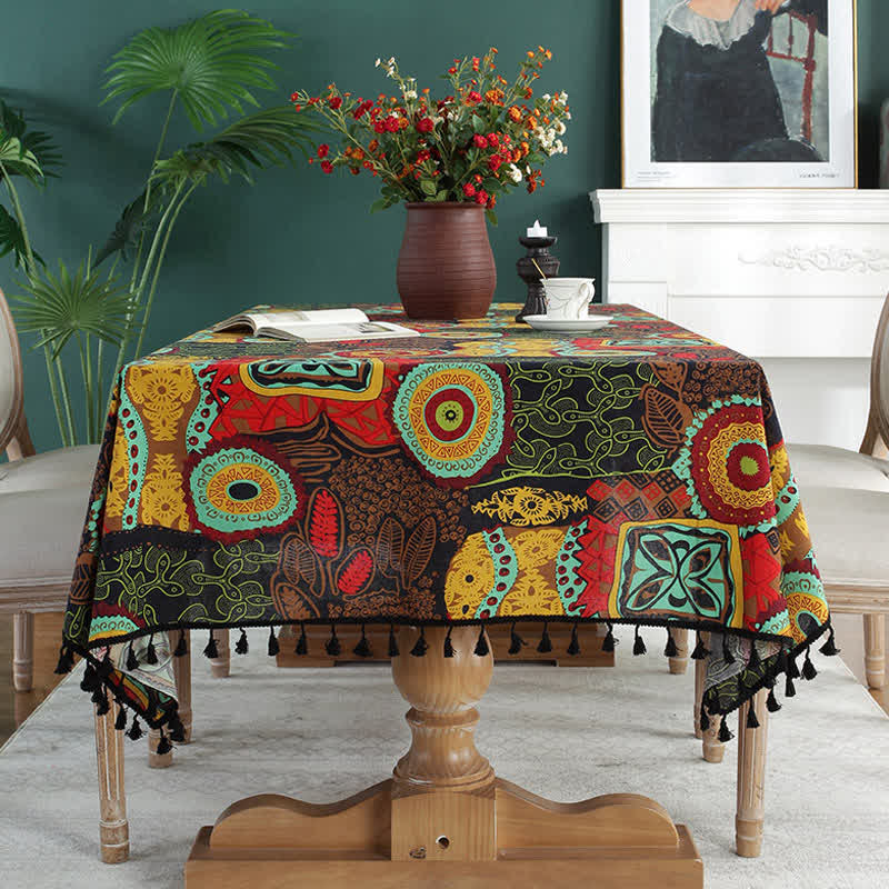 Abstract Pattern Black Tassel Tablecloth