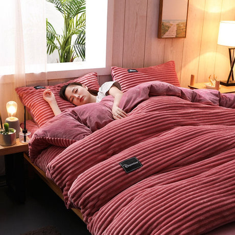 AB Sided Thicken Corduroy Velvet Winter Bedding Set Duvet Cover