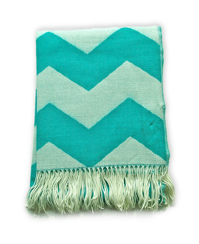 Throw Blanket - Turquoise and White Chevron Zig Zag Pattern