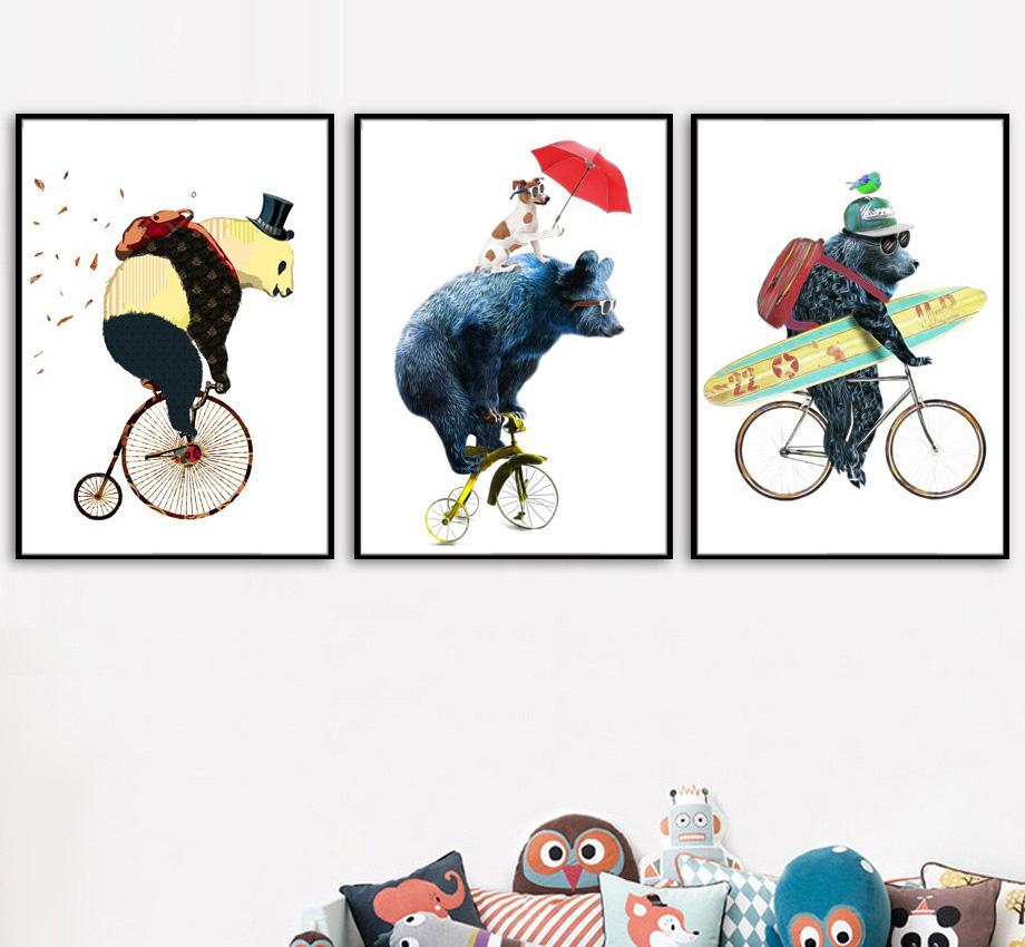 Kids Animals on Bicycles Gifts Wall Art Canvas Decorative Pictures Poster Print Wall Art Room Kids Decor