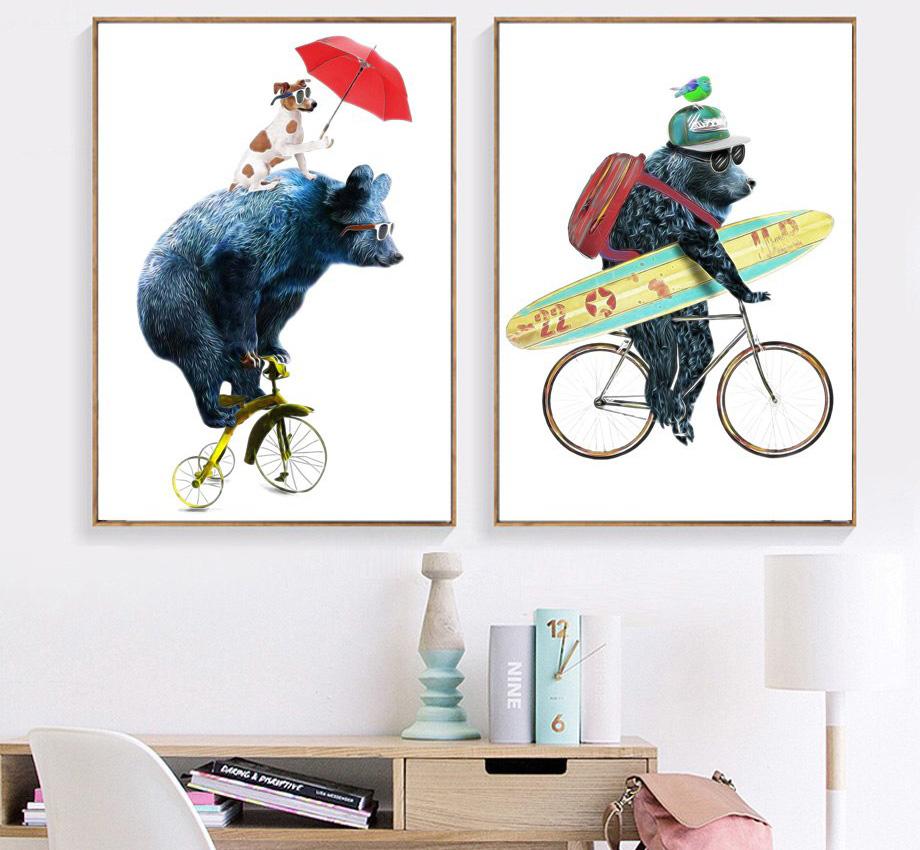 Kids Animals on Bicycles Gifts Wall Art Canvas Decorative Pictures Poster Print Wall Art Room Kids Decor