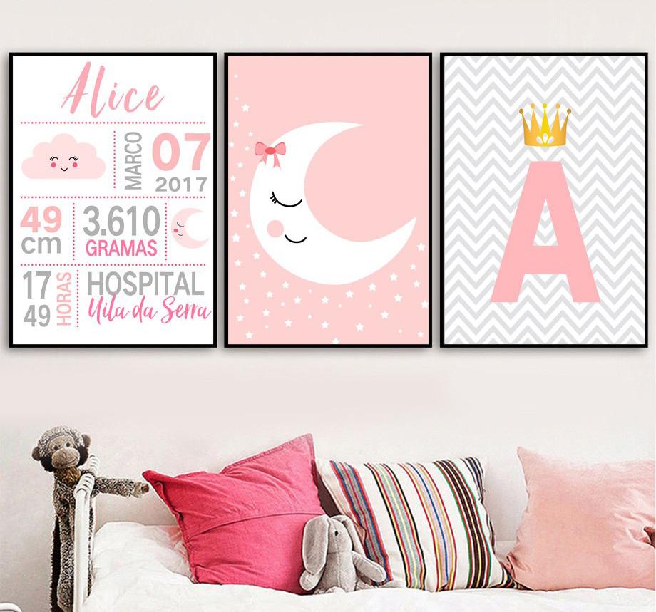 Customized Name Letters Birth Illustrations Gifts Wall Art Canvas Decorative Pictures Poster Print Wall Art Room Kids Decor