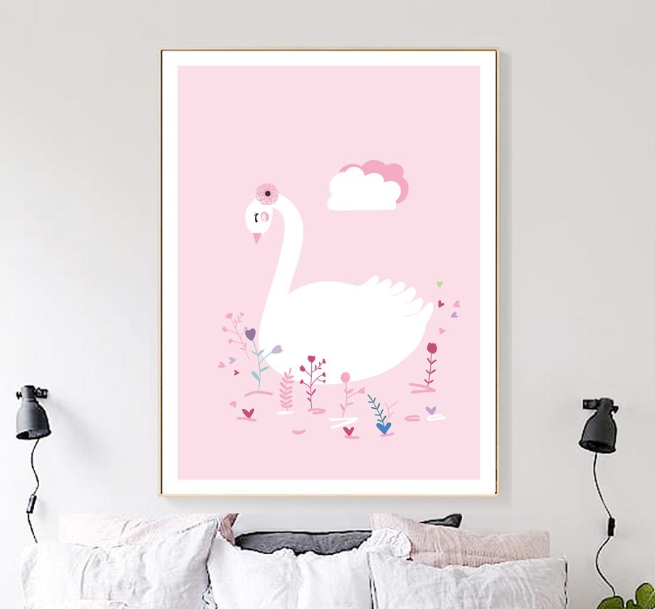 Kids Flowery Swan Illustration Gifts Girl Wall Art Canvas Decorative Pictures Poster Print Wall Art Room Kids Decor