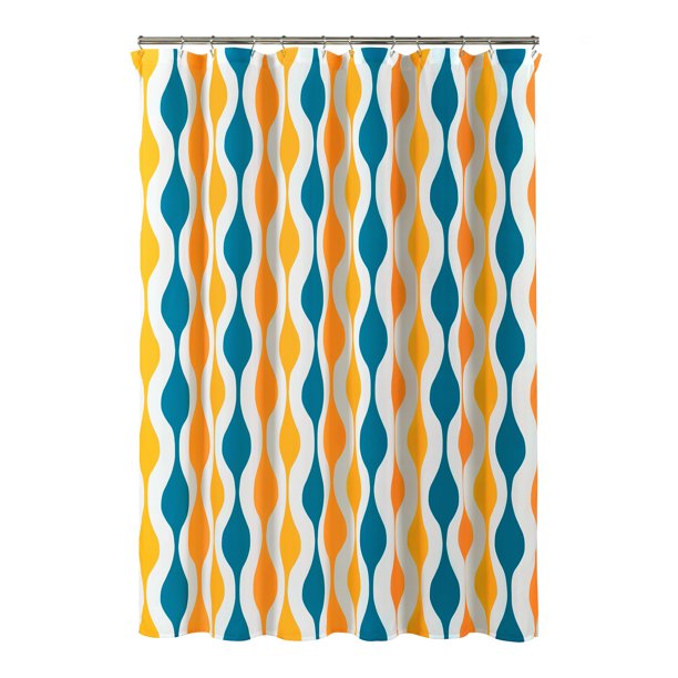 Feblilac Orange Yellow Blue Wave Geometric Shower Curtain with Hooks, Geometric Figure Bathroom Curtains with Ring, Unique Bathroom décor, Boho Shower Curtain, Customized Bathroom Curtains, Extra Long Shower Curtain