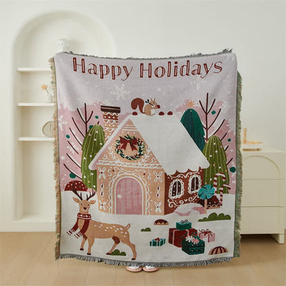 "Happy Holiday" Christmas Elk Tassel Blanket