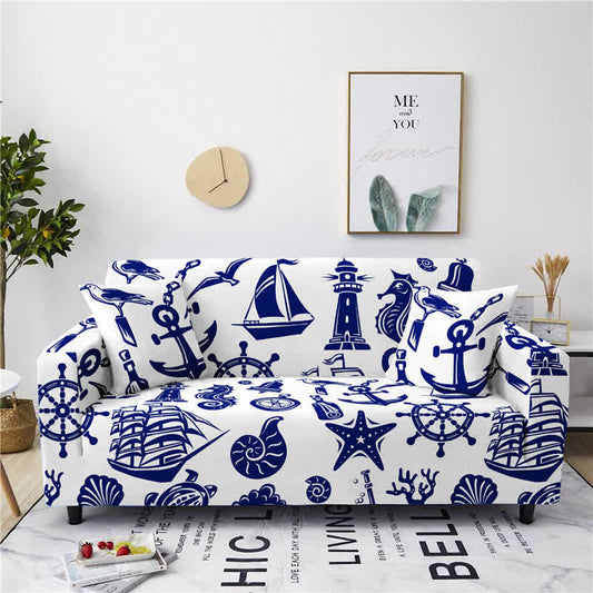 Blue White Elastic Stretchable Couch Cover