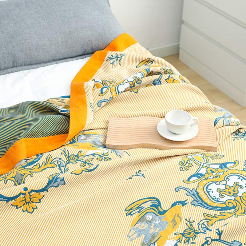 Bird Print Striped Cotton Reversible Quilt