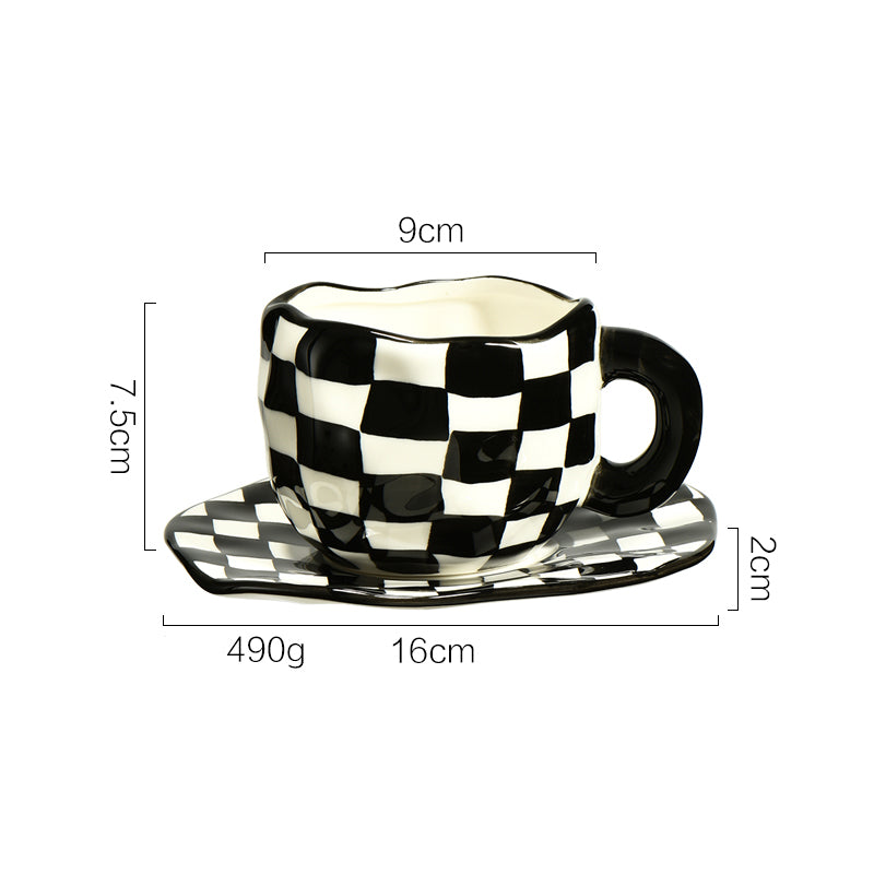 Nordic ins style hand-kneaded checkerboard ceramic coffee cup saucer black and white grid hand-painted afternoon tea cup