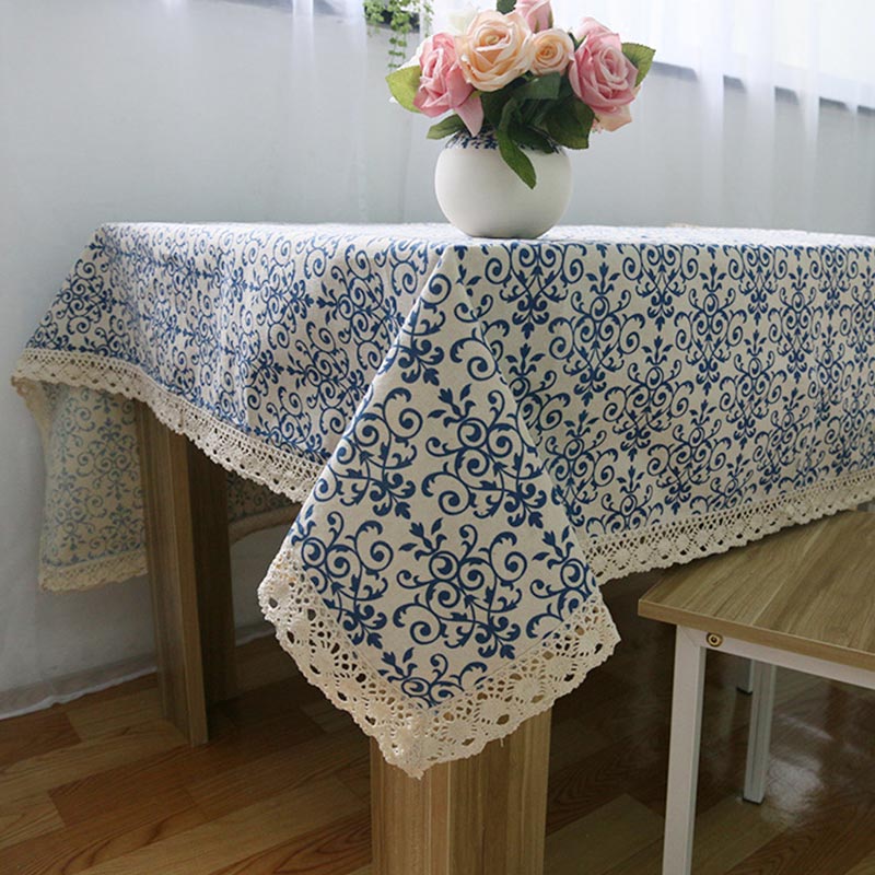 Blue White Lace Brim Table Cover