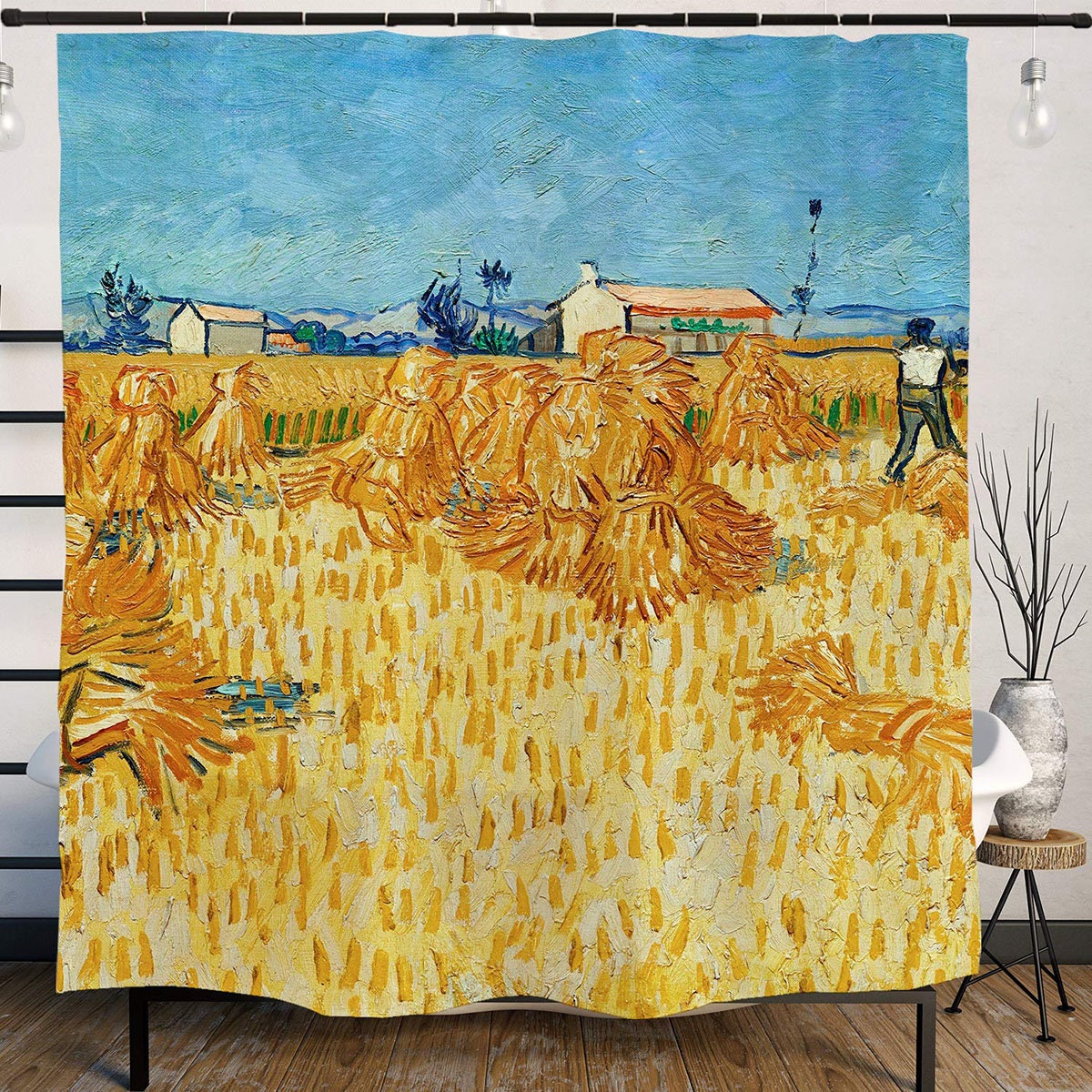 Ofat Home Van Gogh Harvest in Provence Artistic Oil Painting Washable Shower Curtain Set with Hooks Waterproof Fabric Bathroom Tub Decor